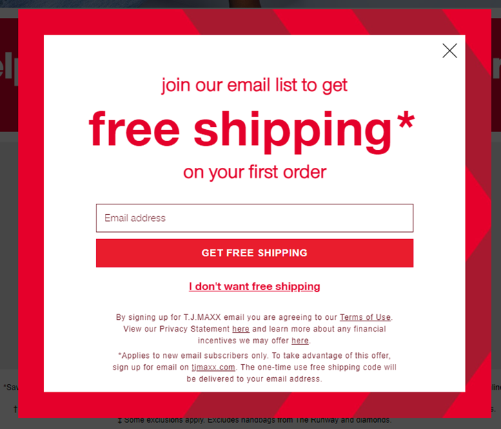 Copywriting example, pop-up offering free shipping in for signing up to the newsletter, Geri Mileva