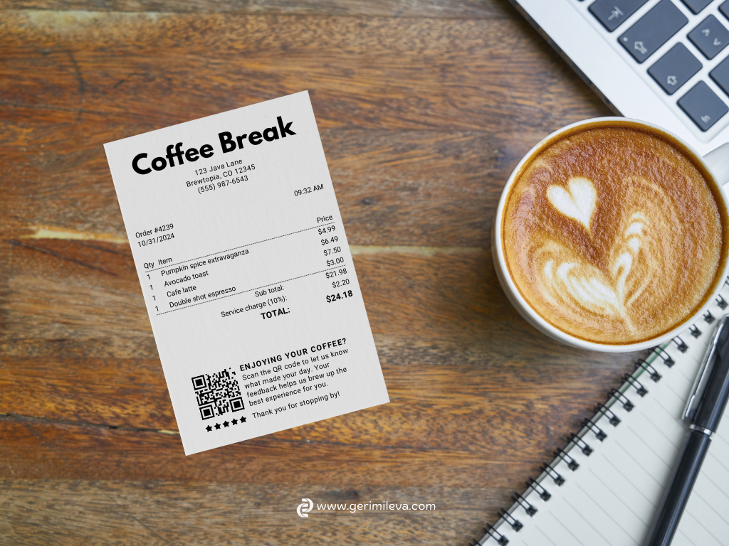 Copywriting example, QR Code on a restaurant receipt, Geri Mileva