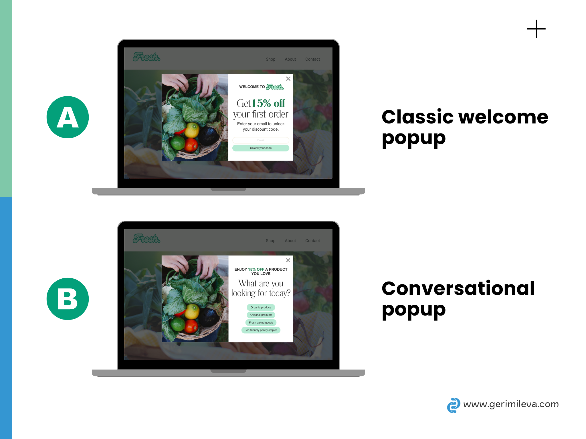 Copywriting, A/B testing, welcome popups, Geri Mileva